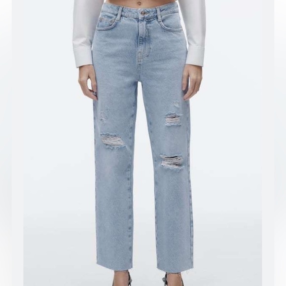 Zara High Rise Straight Leg Ripped Denim Jeans Ladies Size 6 - Picture 2 of 6